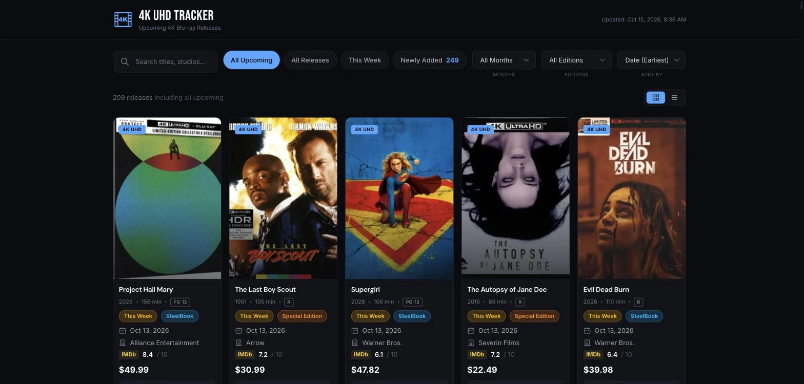 4K UHD Tracker: a grid of upcoming 4K Blu-ray releases with dates, editions, ratings and prices