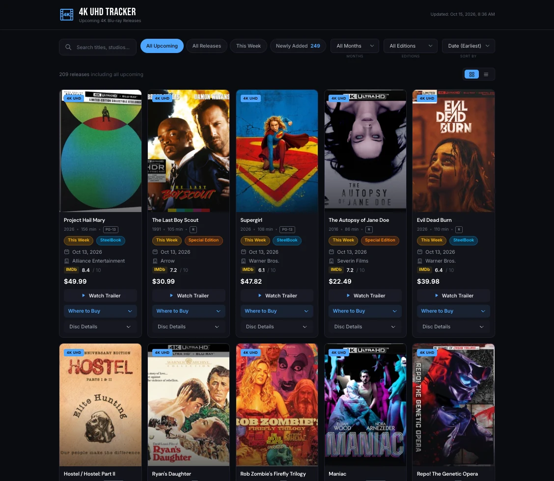 4K UHD Tracker grid view: two rows of upcoming 4K Blu-ray releases as cover cards with dates, editions, ratings and prices