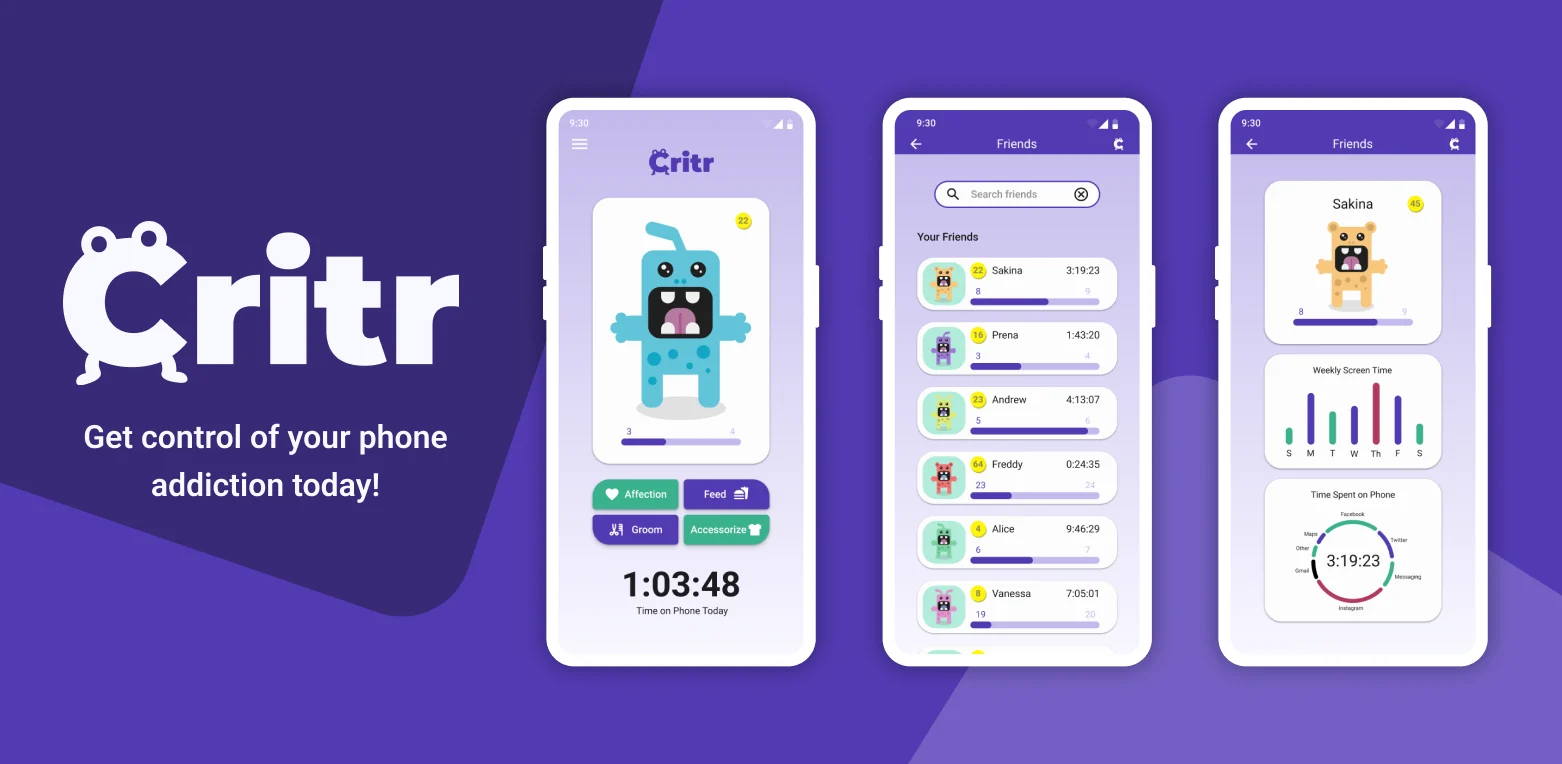Critr: get control of your phone addiction today. Three app screens with a cartoon monster pet.