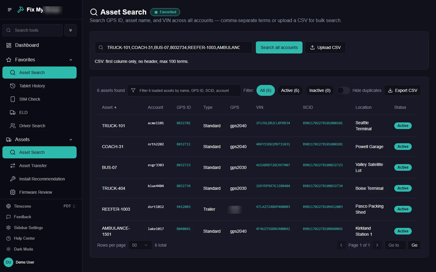 Asset Search with six comma-separated terms. The sidebar shows Favorites expanded with Asset Search, Tablet History, SIM Check, ELD and Driver Search