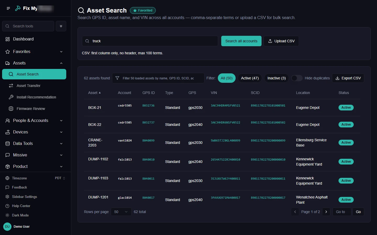 Asset Search results: 62 assets across accounts with GPS ID, VIN, location and status