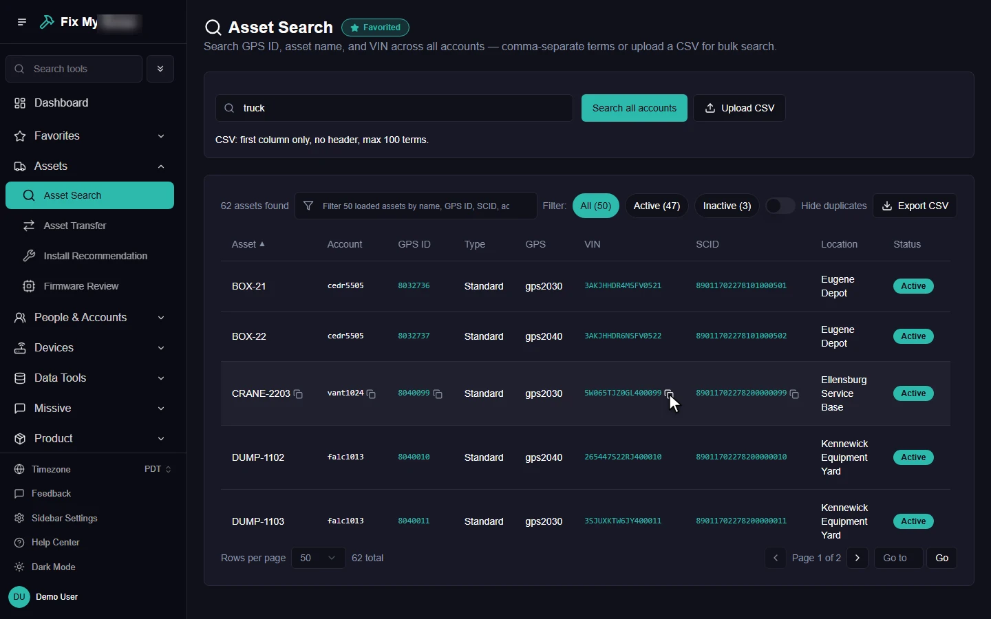The support platform's Asset Search: 62 assets across accounts with GPS ID, VIN, SCID, location and status