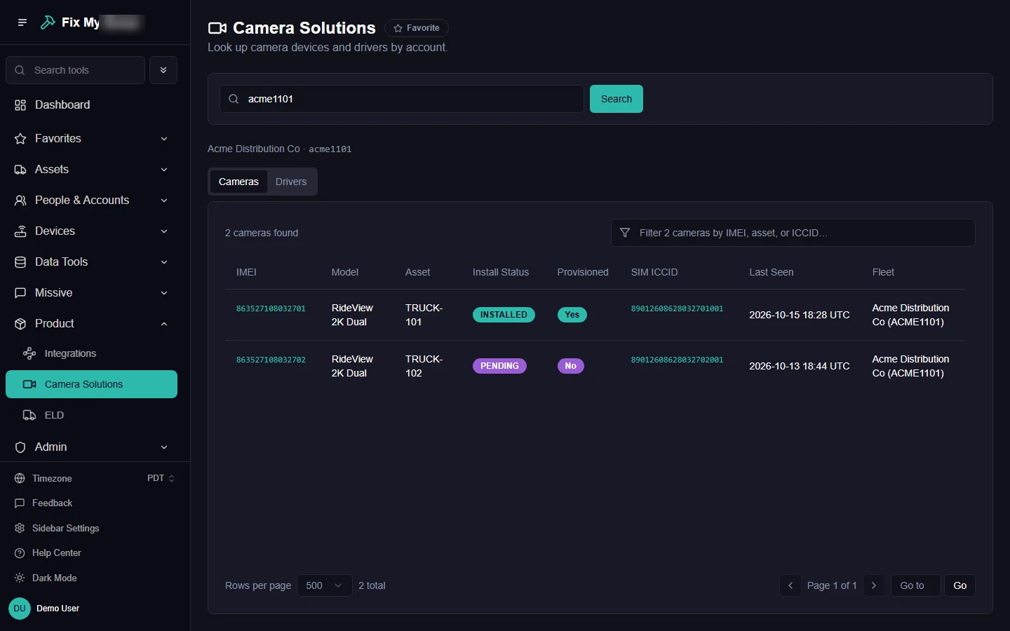 Camera Solutions: two dash cameras for an account, one installed and provisioned, one pending