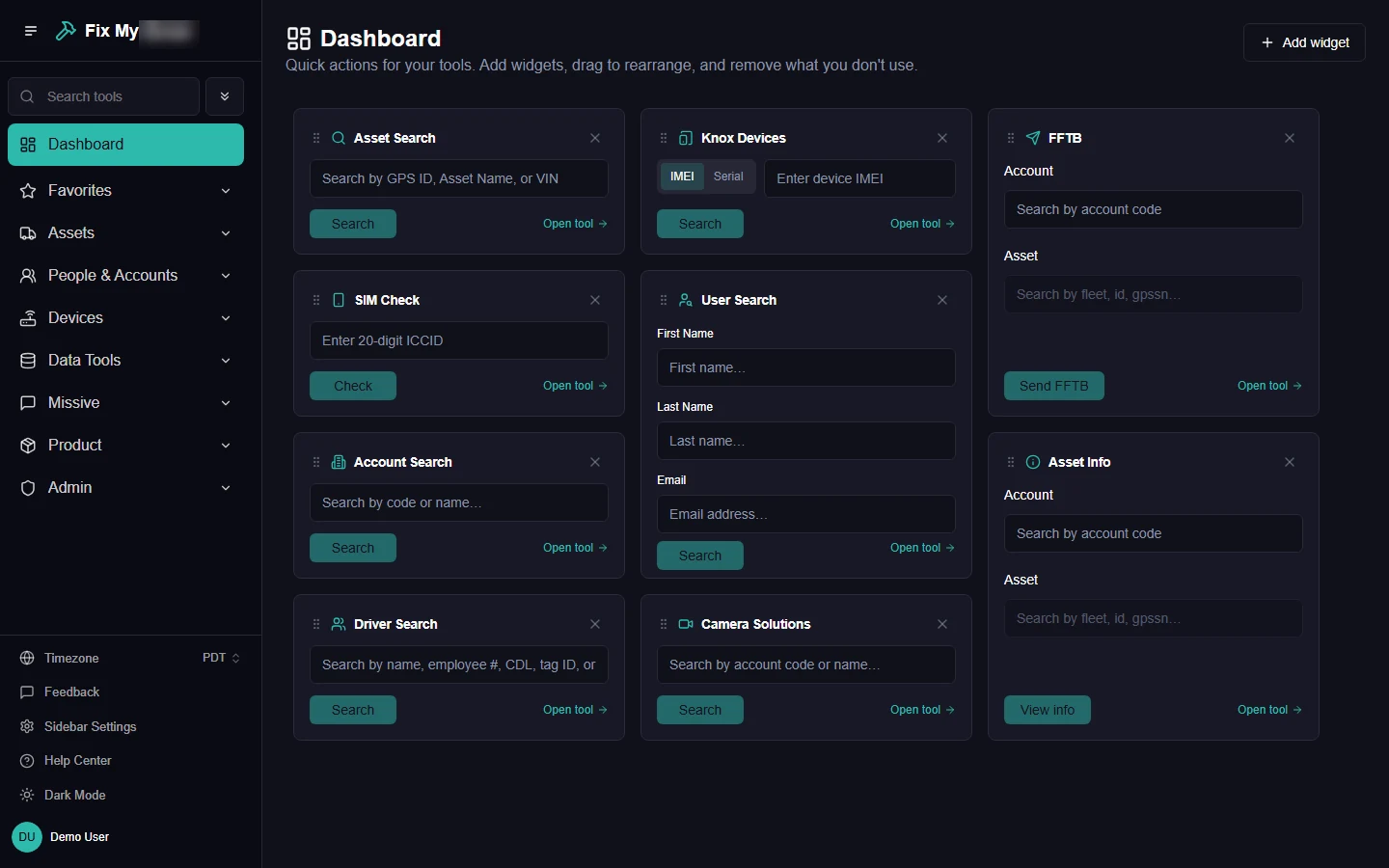 The support platform's dashboard of search widgets