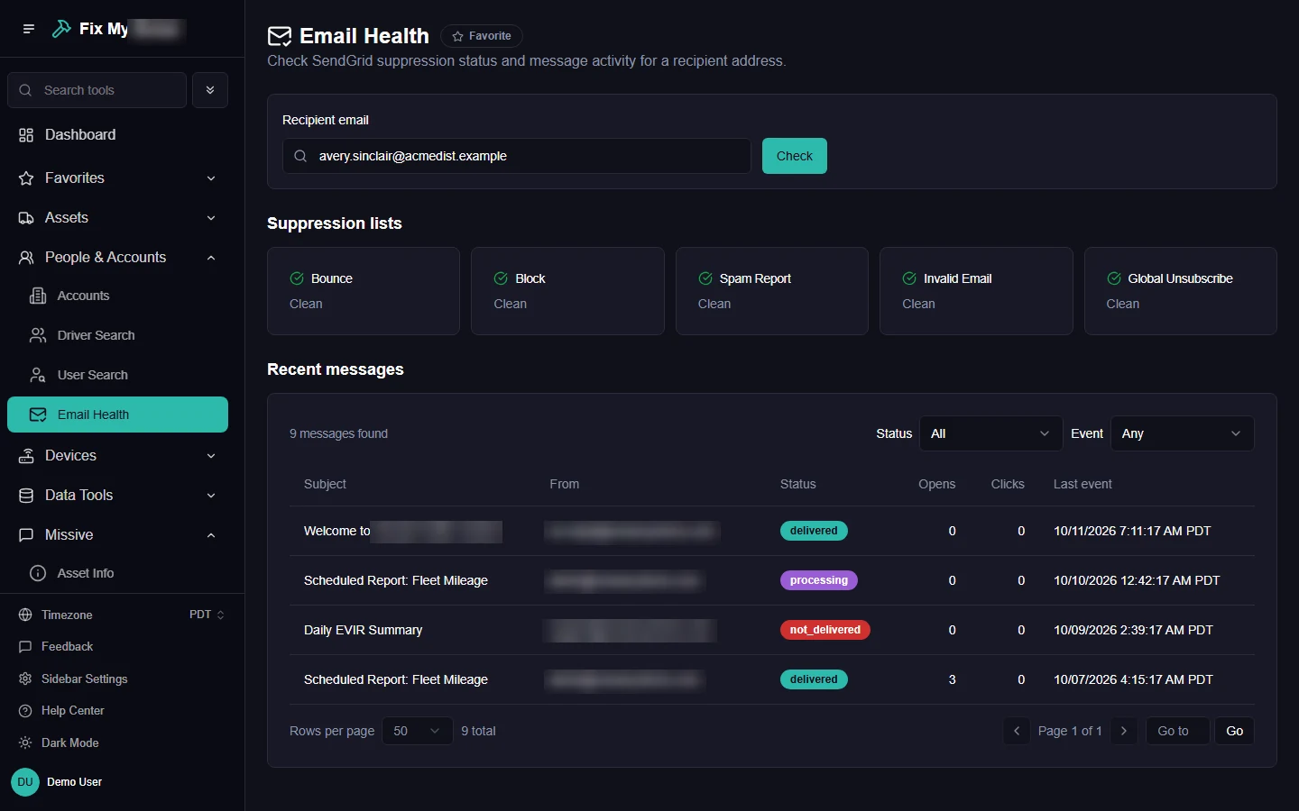Email Health: five suppression lists all clean, and recent messages with delivered, processing and not delivered badges