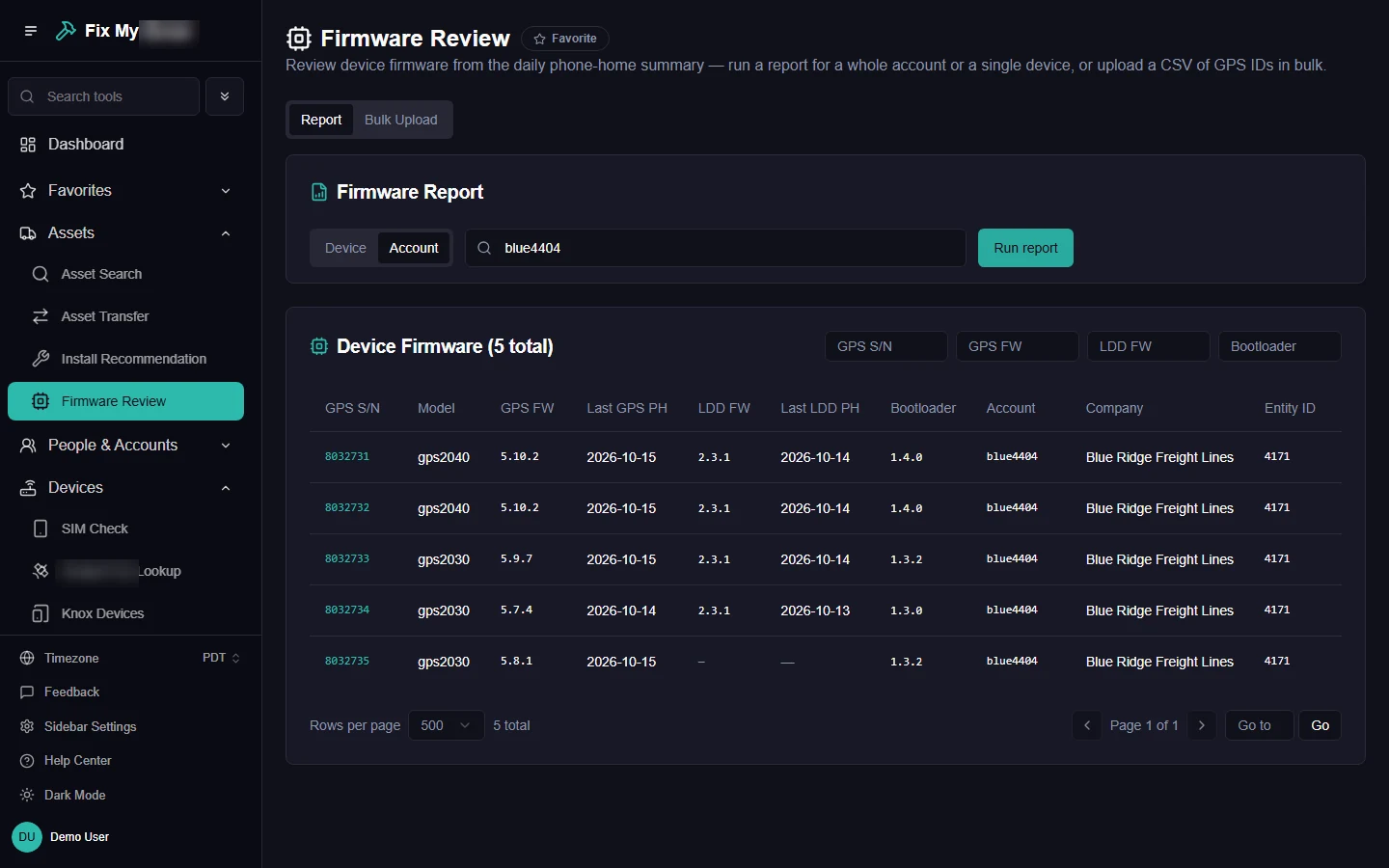 Firmware Review for one account: five devices with GPS firmware, tablet firmware, bootloader and last check-in dates