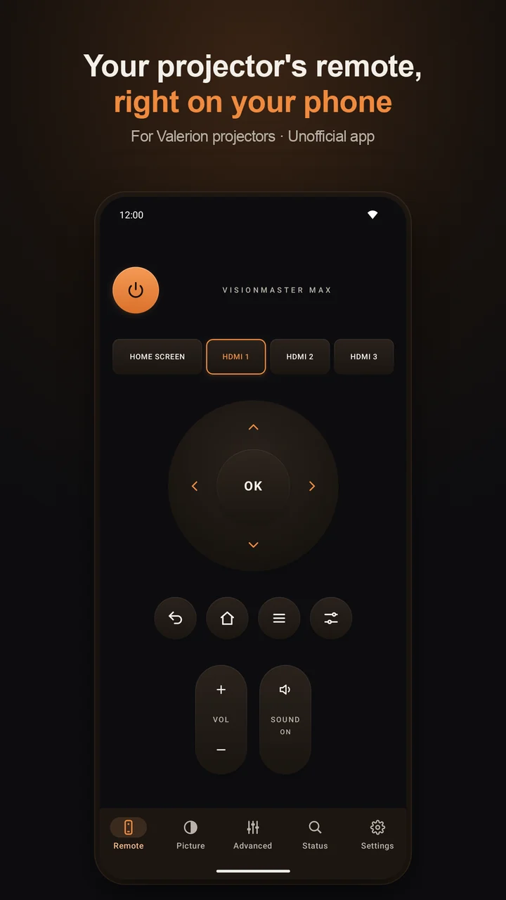 Remote tab: power, inputs, D-pad, navigation and volume keys
