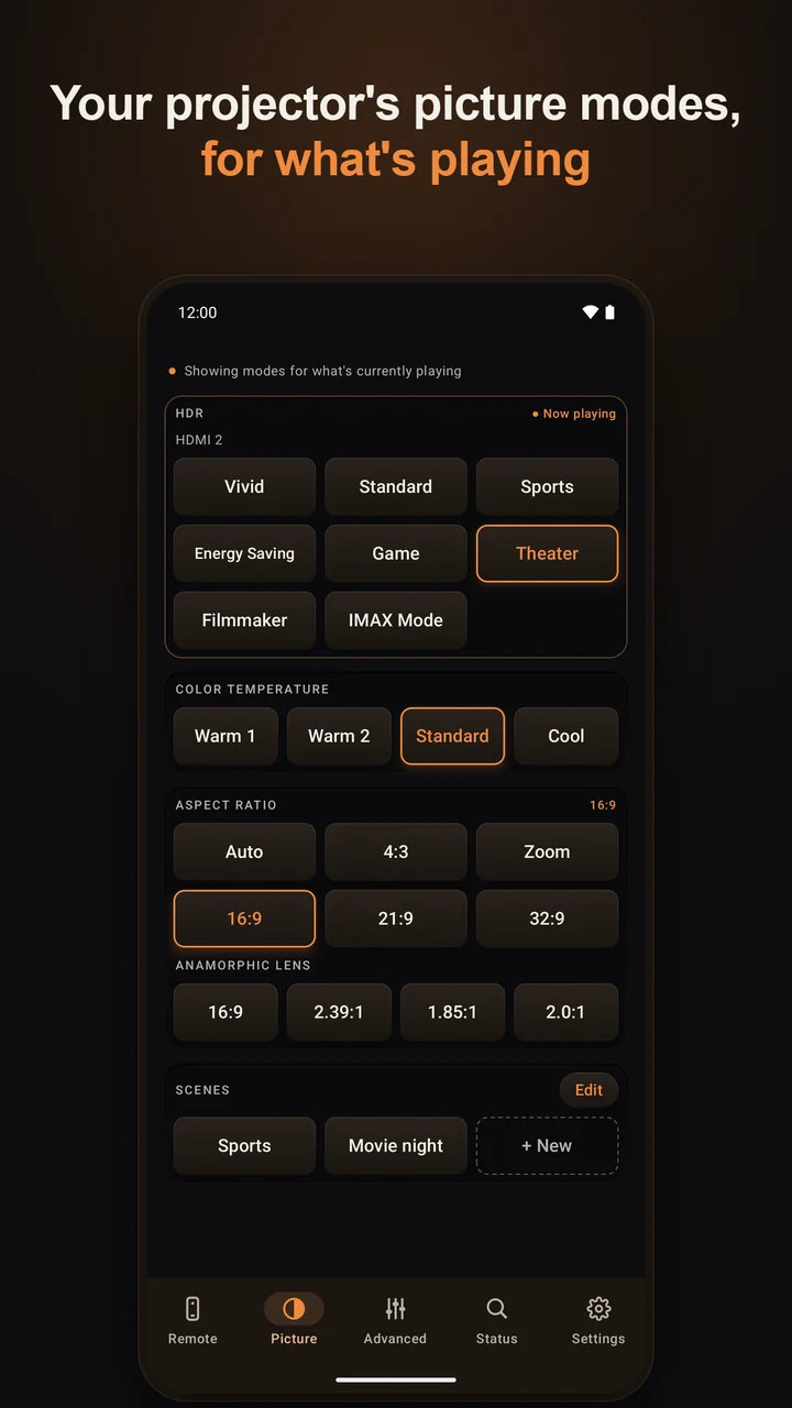 Picture tab: HDR picture modes, color temperature, aspect ratio and scenes