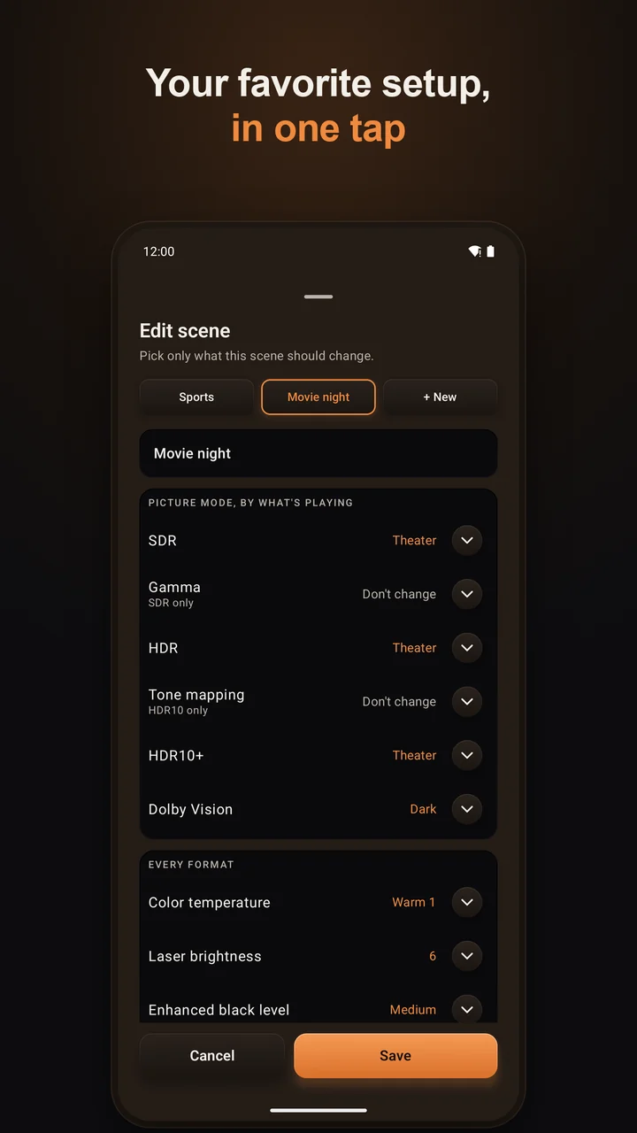 Scene editor: a picture mode for each video format and every-format settings