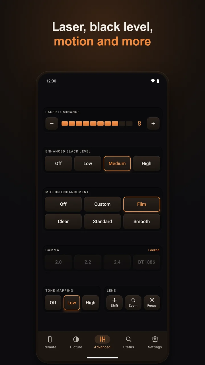 Advanced tab: laser brightness, black level, motion, gamma and tone mapping