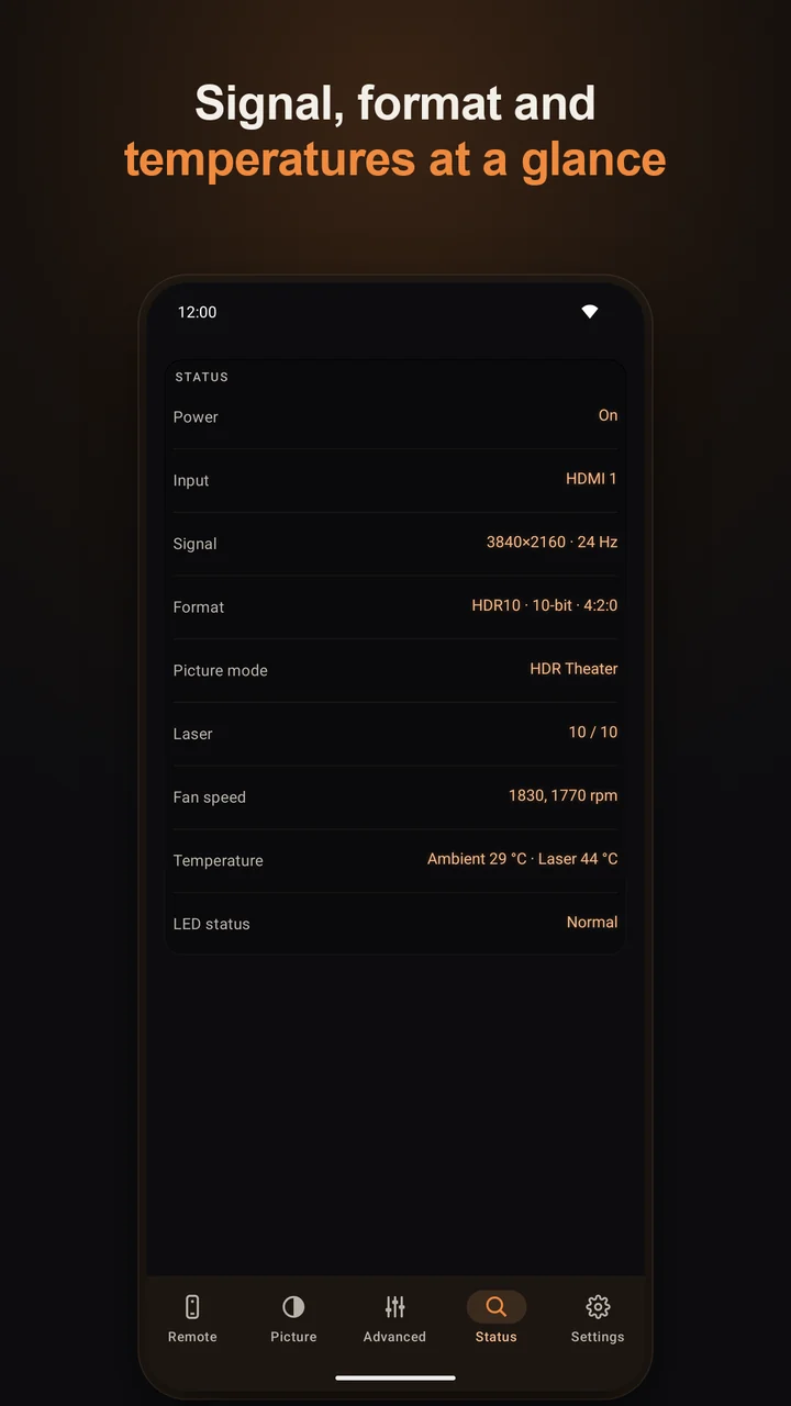 Status tab: signal, format and temperatures
