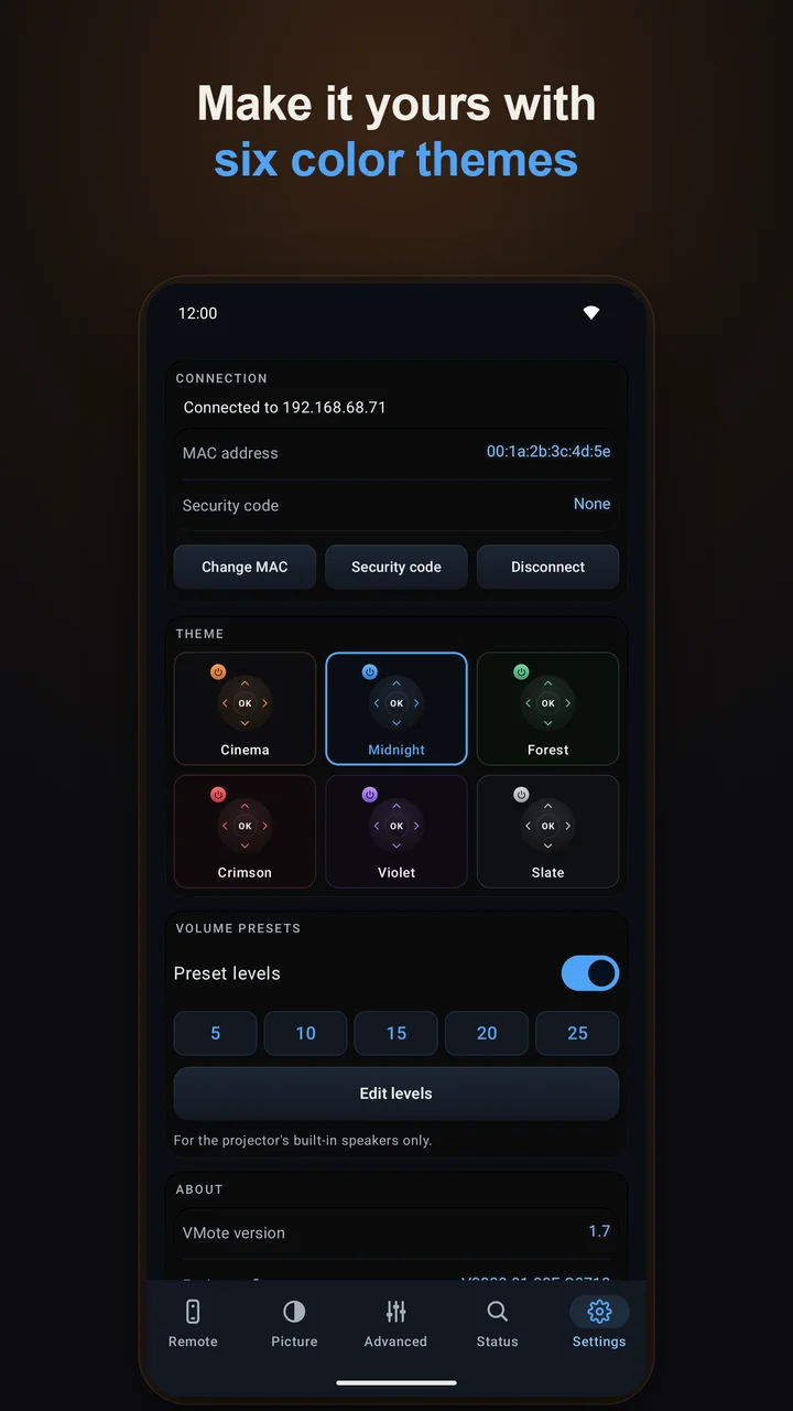 Settings tab in the Midnight theme with six color themes