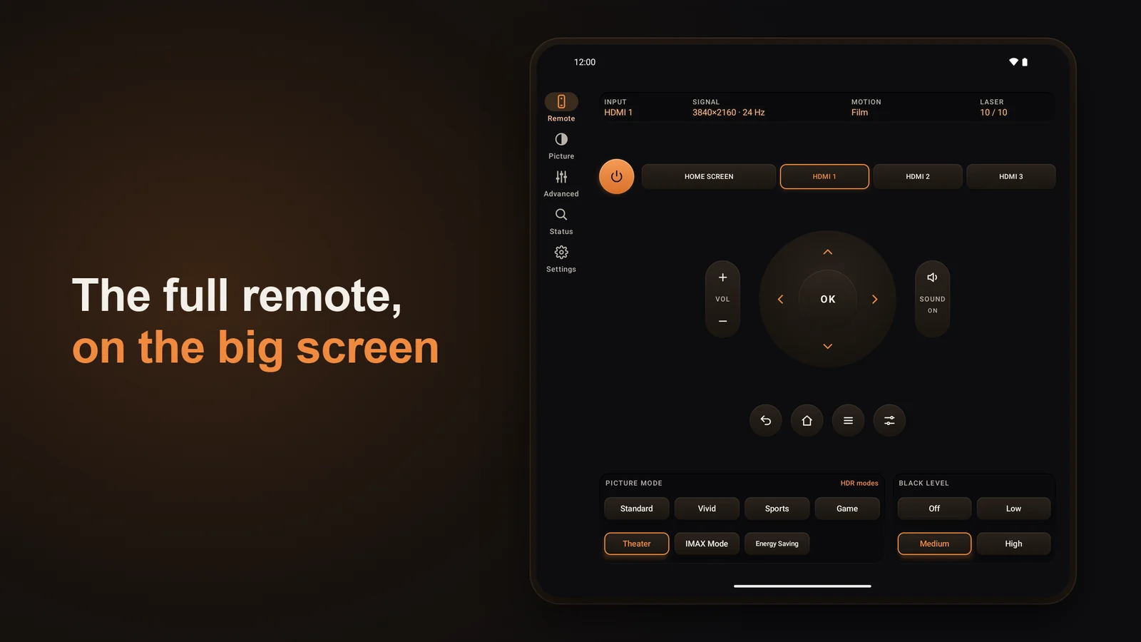 VMote unfolded on a Galaxy Z Fold: the full remote with picture mode and black level beside it